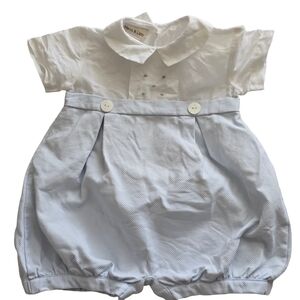 Marco & Lizzy White And Baby Blue Boys Romper Bubble With Collar And Buttons 18M